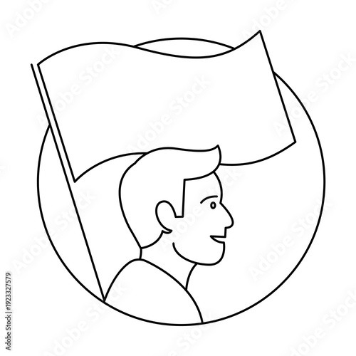 A person holding a flag with a blank area against a round background. The person is in side view with a smile