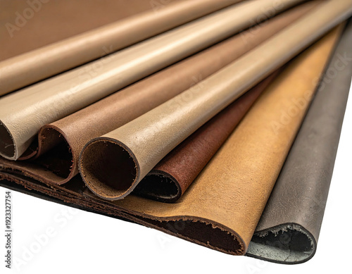Rolls of tanned leather in various warm brown and beige shades