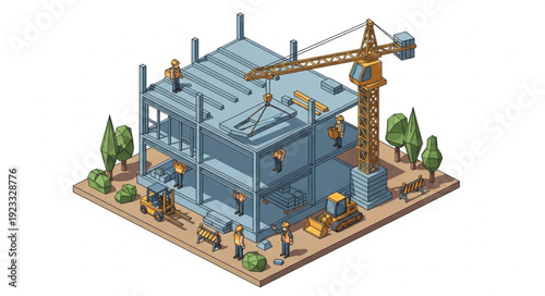 3D Isometric Building Construction Site.