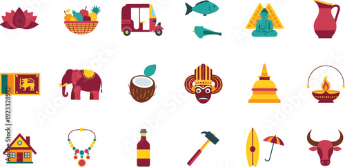 Sri Lanka Culture Icon Set with Traditional Symbols Food Architecture Festival Elements and Travel Landmarks Collection in Flat Design Style