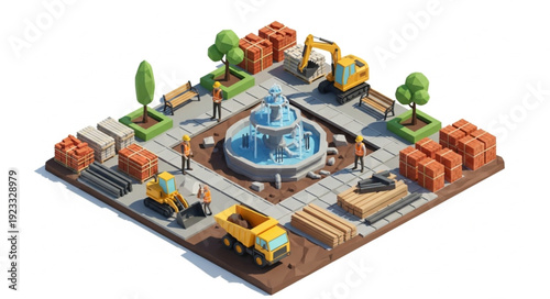 3D Isometric City Construction Site Model.