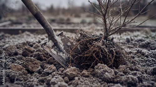 A shovel digs around a smal...
