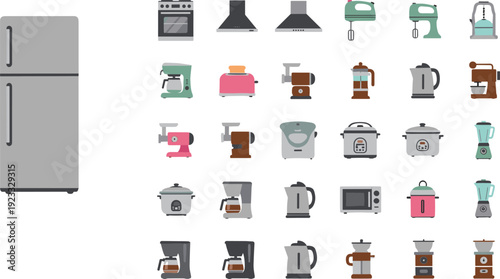 Kitchen Appliance Icon Set with Refrigerator Mixer Oven Coffee Maker Blender and Cooking Equipment Collection for Modern Home Interior Design