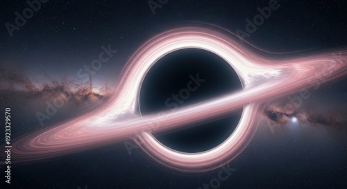 Artistic depiction of a black hole with a glowing accretion disk and distant galaxy in deep space, representing physics.