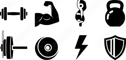 Fitness Strength Icons Featuring Black Silhouette Dumbbells Barbells Muscles Kettlebells Lightning Bolts And Protection Shields