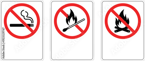 No Smoking and No Open Flame Prohibition Signs Set with Fire Safety Warning Symbols for Public Areas Industrial and Hazard Zones