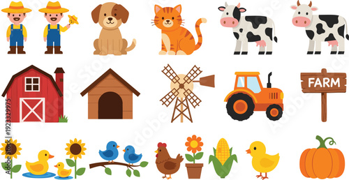 Farm Animals and Agriculture Illustration Set with Farmer Barn Tractor Crops Birds and Rural Life Elements in Cute Cartoon Style
