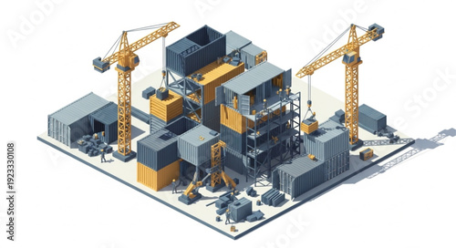 3D Construction Site with Cranes and Buildings.