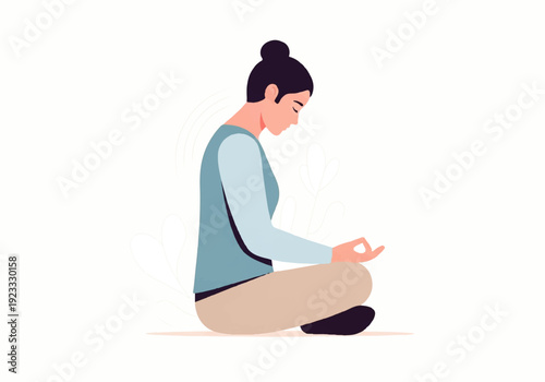 A woman sits cross-legged in a minimalist flat design illustration vector, engaged with her tablet in a simple, modern composition.