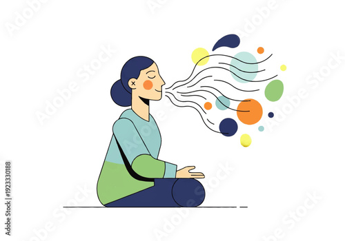 Flat design illustration vector of a woman sitting cross-legged with colorful creative thoughts flowing from her head.