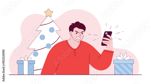 Angry man yelling at his smartphone with glowing screen, standing between Christmas gifts and a holiday tree.