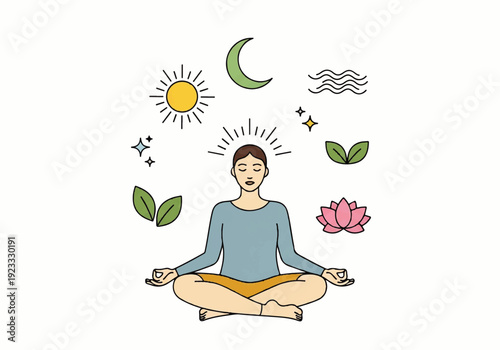 A serene woman meditates in lotus position surrounded by a sun, moon, leaves, and a lotus flower in a calming flat design illustration vector.