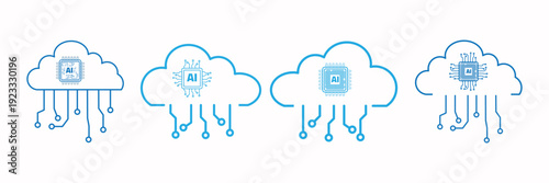 AI Cloud Chip Artificial Intelligence Machine Learning Circuit Network Flat Glyph Outline Icon Set Vector