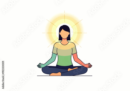 A serene woman meditates in a lotus position with a radiant yellow glow behind her head, depicted in a colorful flat design illustration vector.