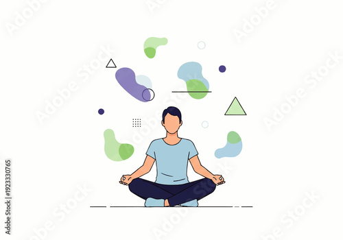 A serene person meditates in a lotus position surrounded by floating shapes in a flat design illustration vector with calming colors.
