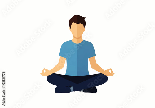 A serene Flat Design illustration of a man in a meditative yoga pose, sitting cross-legged in a Vector style against a clean white background.