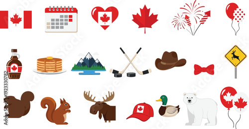Flat Vector Illustration Set of Canadian Culture and Travel Icons Featuring National Flag, Maple Leaf, Hockey, Moose, Polar Bear, Beaver, and Maple Syrup for Tourism