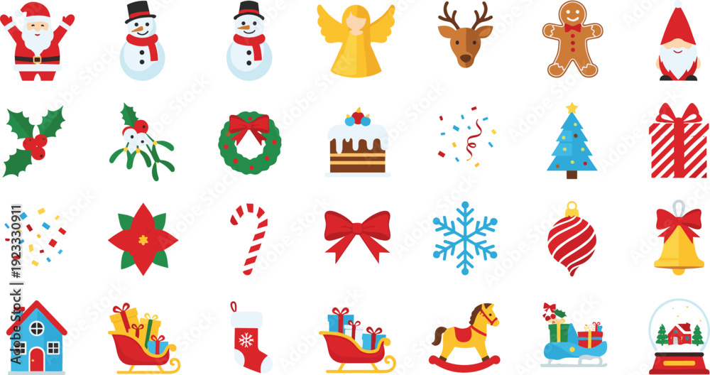 Fototapeta premium Flat Vector Illustration Set of Christmas Icons Featuring Santa Claus, Reindeer, Snowman, Christmas Tree, Wreath, Ornaments, and Festive Holiday Decorations