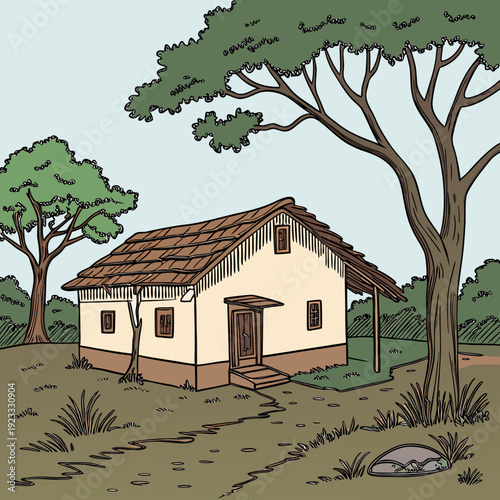 Rustic house with thatched roof surrounded by lush trees, illustration