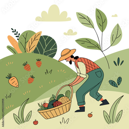 Farmer harvesting fresh vegetables in a garden, illustration