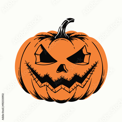 Intense jack-o'-lantern with sharp features and subtle shadow, conveying a menacing Halloween mood