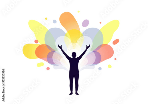 A silhouette of a person with arms raised in a colorful Flat Design Illustration Vector composition against a white background.