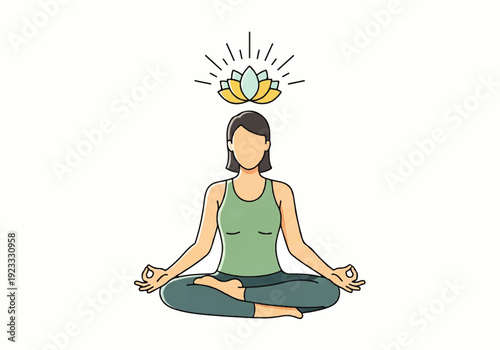 A serene woman meditates in lotus position with a vibrant lotus flower above her head, in a calming flat design illustration vector.