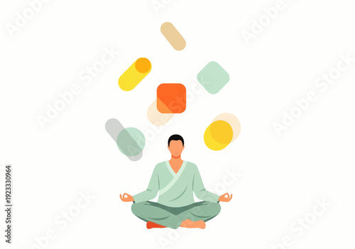 A serene man meditates in a lotus position surrounded by floating colorful shapes in a flat design illustration vector.