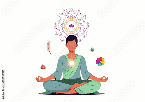A serene person meditates in lotus position with a vibrant aura and chakra symbols floating around, set against a clean white background in a flat design illustration vector.