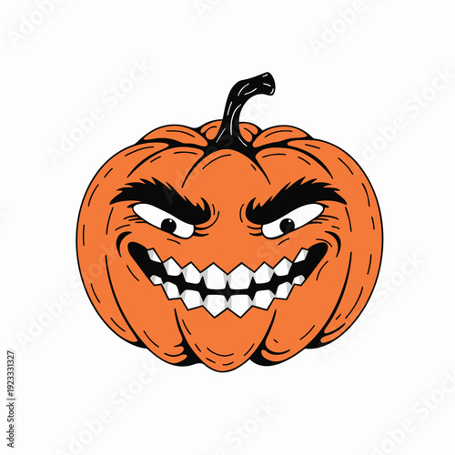 Aggressively grinning jack-o'-lantern with sharp teeth and bushy eyebrows, embodying a wicked Halloween spirit