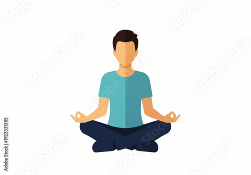 A serene Flat Design illustration of a man sitting in a meditative yoga pose, with a minimalist Vector style, against a clean white background, conveying a peaceful mood.