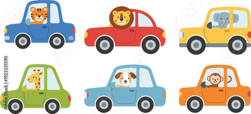 Cute animal characters driving colorful toy cars vector set featuring lion tiger elephant monkey giraffe and dog isolated on white background for kids transport design