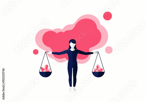 A minimalist flat design illustration vector of a woman balancing scales with fiery elements in a thought bubble, conveying balance and justice in a simple, bold style.
