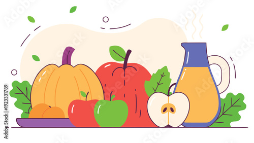 Autumn harvest illustration showcasing a large pumpkin, fresh apples, oranges, and a pitcher of steaming cider.