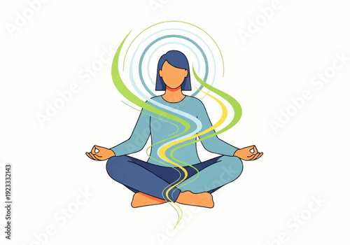 A serene woman meditates in a lotus position with vibrant swirling lines around her head in a calming flat design illustration vector.
