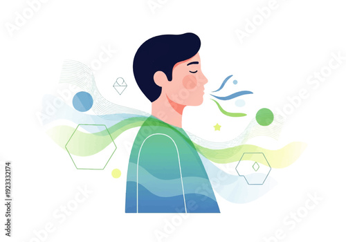 A colorful flat design illustration vector of a person with a green shirt surrounded by floating shapes and symbols on a white background.