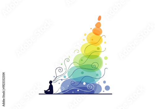 A serene illustration of a person meditating beside a vibrant, rainbow-colored Flat Design Ilustration Vector graphic with swirling patterns.