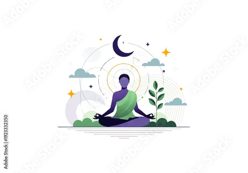 A serene Flat Design Ilustration Vector of a meditating person in a yoga pose, surrounded by a crescent moon, stars, and clouds with a peaceful atmosphere.