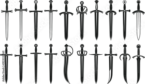 Medieval sword icon set vector collection featuring fantasy weapon blades isolated black silhouette historical knight weapon illustration design