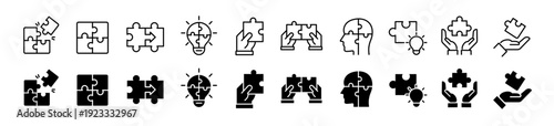 Puzzle icon set. Problem solving and teamwork symbol. Vector illustration.