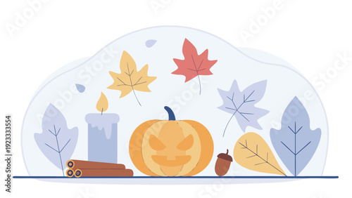 Autumn pattern featuring a jack-o'-lantern, lit candle, cinnamon sticks, and colorful maple leaves with acorns.