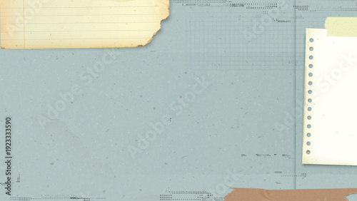 Old blue paper with ink stains from defect risograph printing background with vintage foolscap paper, notepaper and adhesive tape around have blank space.