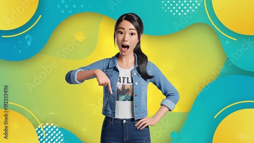 Surprised Woman Points Down Explaining Idea 3D Character.