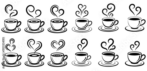 Cute Coffee and Tea Cup Icon Set with Steam Line Art Illustration Collection Isolated on White Background, coffee, tea, cup, drink, set, icon, design, vector