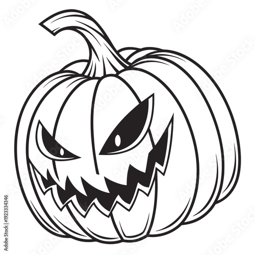 Aggressive Halloween pumpkin, a detailed linocut illustration of a jack o' lantern with sharp, menacing teeth and piercing eyes for a frightening holiday.