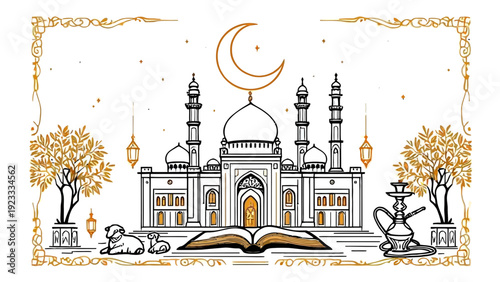 Elegant golden islamic line art illustration featuring mosque, crescent, lantern, quran, prayer hands, sheep, and decorative ornaments. Minimal white background with ramadan theme