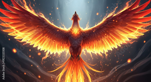 Majestic phoenix, legendary fire bird, rises from glowing embers with widespread blazing wings, symbolizing rebirth and eternal renewal
