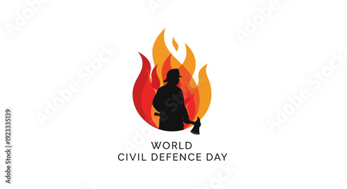 Illustration of a person in silhouette against a flame design for World Civil Defence Day, promoting disaster preparedness and public safety awareness on March 1.