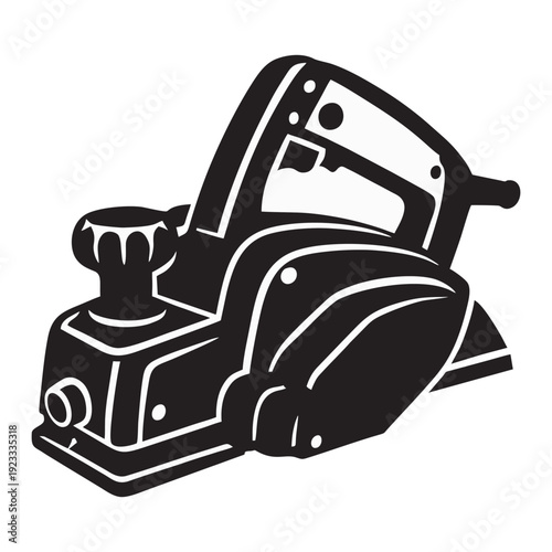 Black and white line art illustration of an electric wood planer tool. Detailed hand-drawn woodworking equipment isolated on light background.