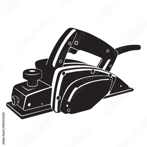 Black and white line art illustration of an electric wood planer tool. Detailed hand-drawn woodworking equipment isolated on light background.